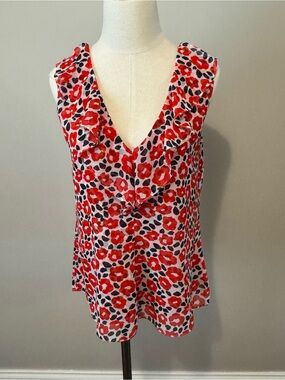 Sleeveless Red Floral V-Neck Ruffle Women's Top